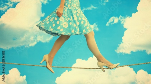 Woman walking on a tightrope symbolizing life's difficulties and risks taken by women, artistic graphic illustration