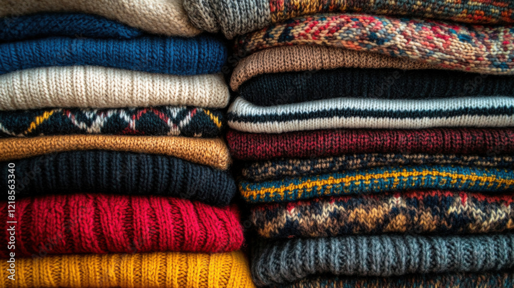 A collection of sweaters piled high, perfect for storing or displaying. 