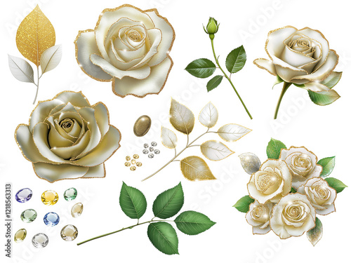 Goldverzierte Rosen Clipart Set – Elegante PNG Freisteller für kreative Projekte photo