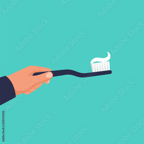 Brushing Teeth. Toothbrush hold in hand man. Dental care concept. Toothpaste bubbles foam. Oral hygiene. Vector illustration flat design. Isolated on background.
