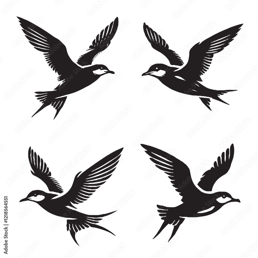 Fototapeta premium 4 set of black Vector Silhouette of a Flying Manx Shearwater on White Background