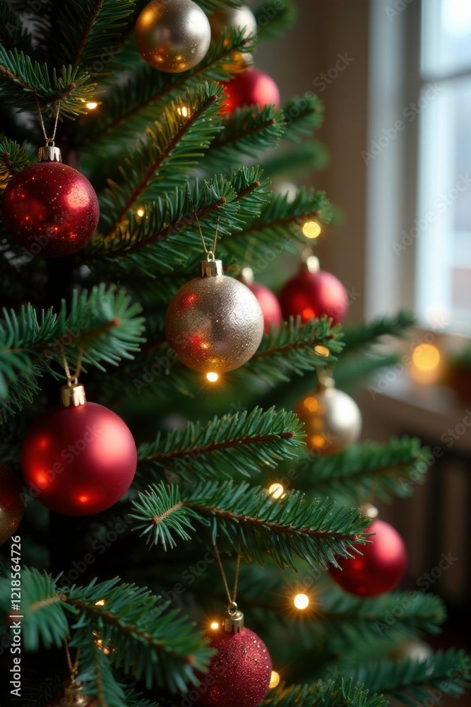 Fototapeta premium A Christmas tree adorned with ornaments and decorated with garlands, tree, ornaments, evergreen