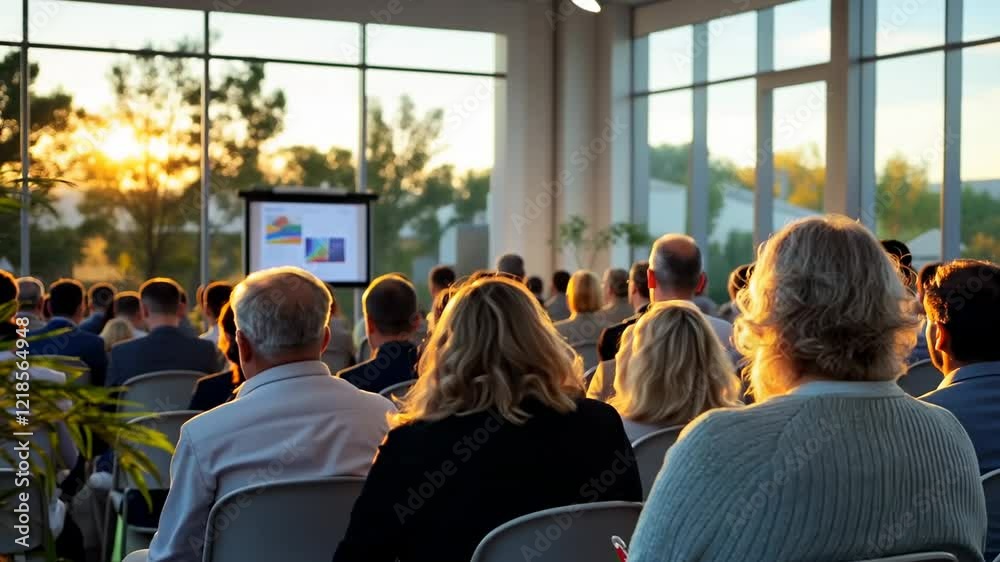 Golden Hour Conference: Attendees captivated by a presentation during a sunset conference.