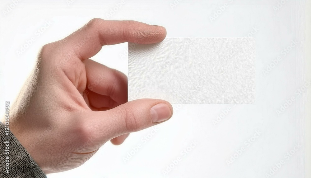 Obraz premium Male hand holding a blank card or a ticket/flyer, isolated on white background
