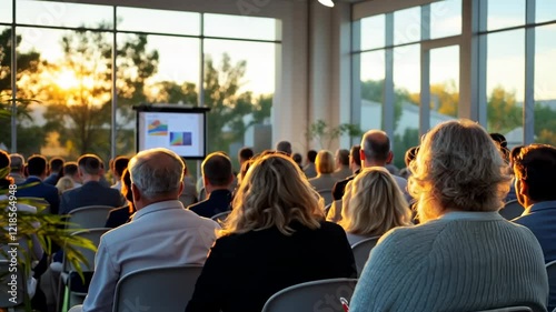 Golden Hour Conference: Attendees captivated by a presentation during a sunset conference.
