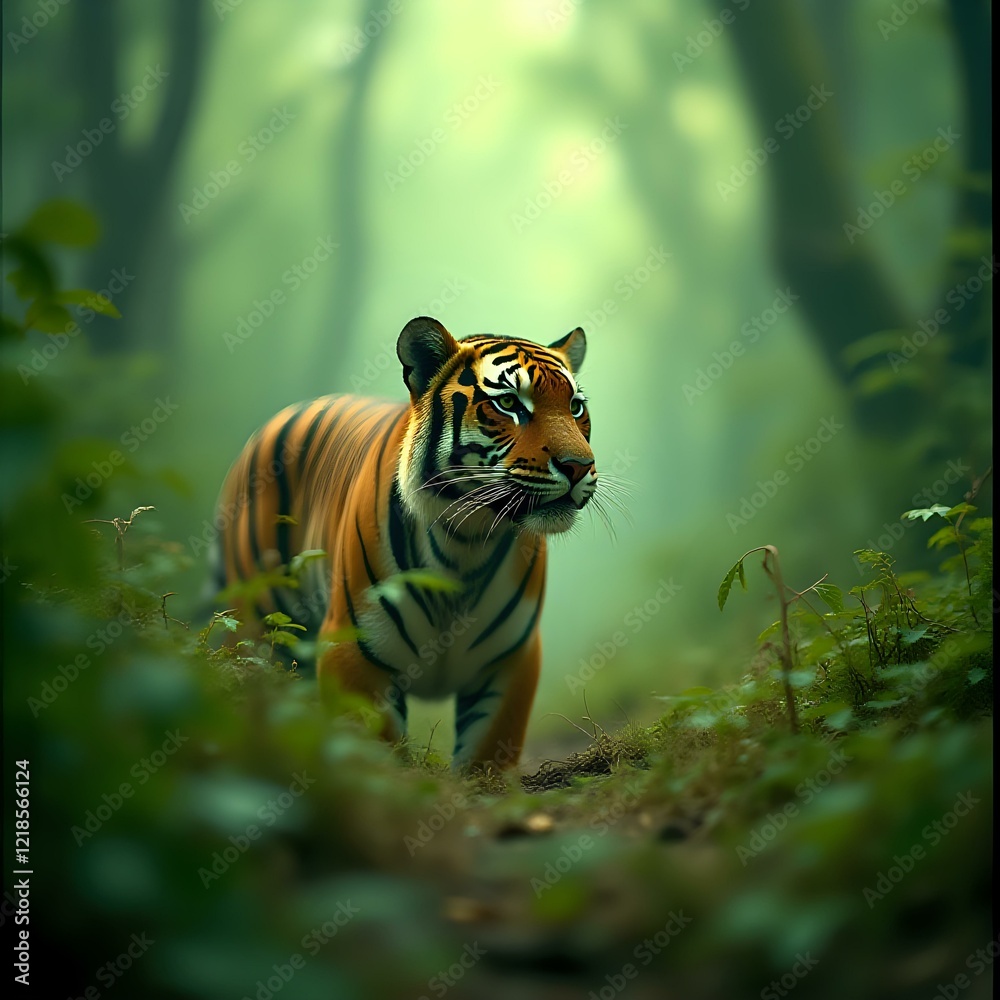 Obraz premium A digitally rendered tiger is captured in a forest setting, surrounded by lush greenery and a soft, blurred background.