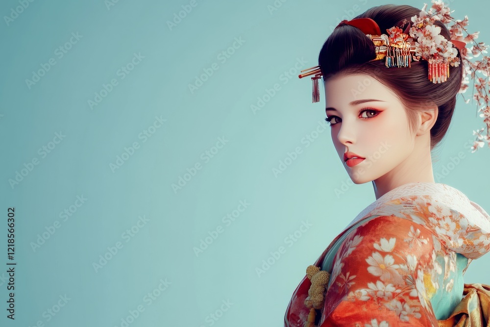 A beautiful anime style geisha in a colorful kimono, against a light blue background