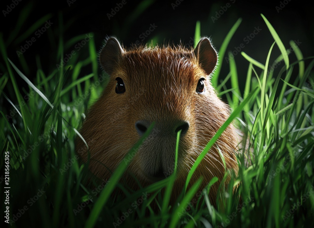Capybara Hiding in Lush Green Grass at Night Wildlife Photography Capybara Hiding in Lush Green Grass at Night Wildlife Photography