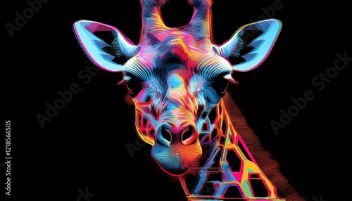 Half in light, half in shadow, a colorful giraffe emerges from the contrast of light and dark, with vibrant hues standing out against a dark background, creating a dynamic and artistic composition.
