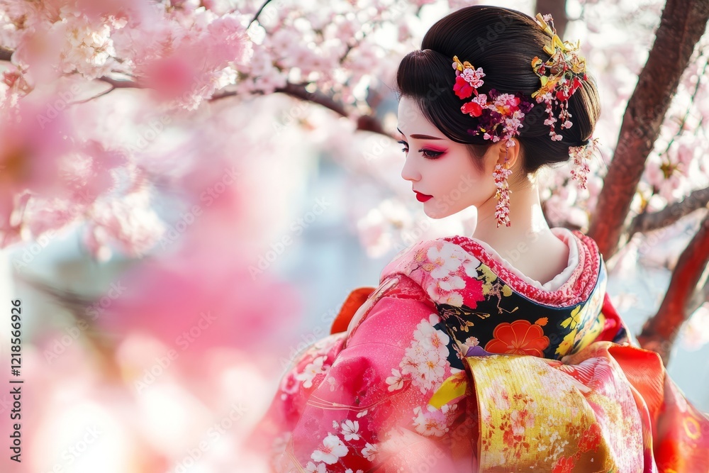 A beautiful anime-style geisha in a colorful kimono, sakura tree A beautiful anime-style geisha in a colorful kimono, sakura tree