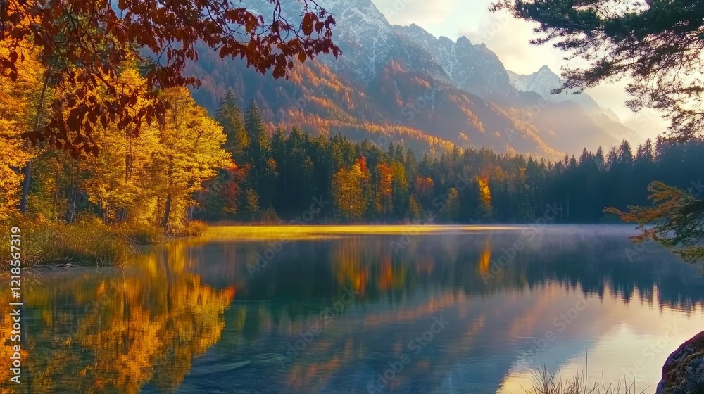 Fototapeta premium Sunrise paints the Bavarian Alps in autumn colors at Hintersee Lake, on the Austrian border. A beautiful morning view showcasing the splendor of nature.