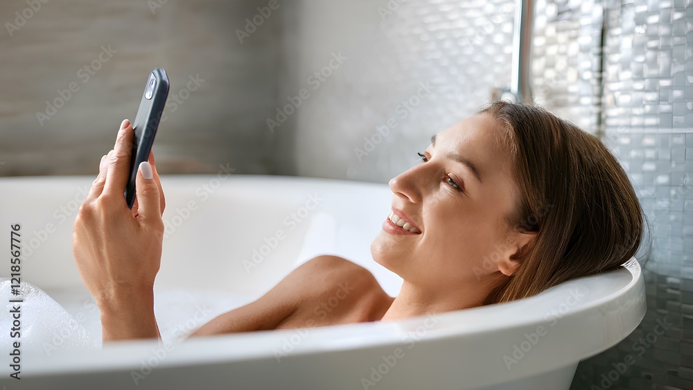 Obraz premium A beautiful woman lounges in the bathroom, holding a smartphone and smiling as she enjoys a moment of relaxation. Her joy radiates in this serene and inviting atmosphere.