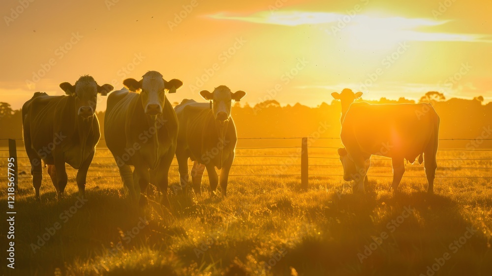 Naklejka premium Cattle grazing sunset pasture field farmland golden hour