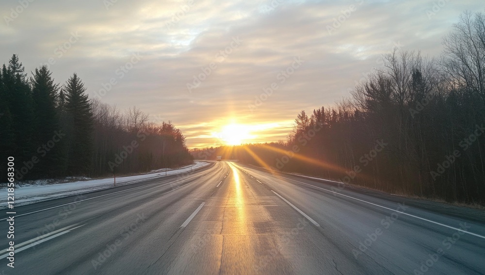 Sunrise Highway Serenity: A Winter's Dawn on an Empty Road Sunrise Highway Serenity: A Winter's Dawn on an Empty Road