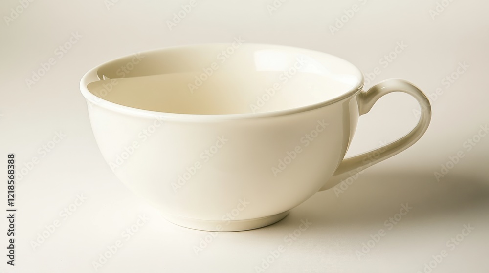 Simple white ceramic cup with handle positioned against a neutral background Simple white ceramic cup with handle positioned against a neutral background