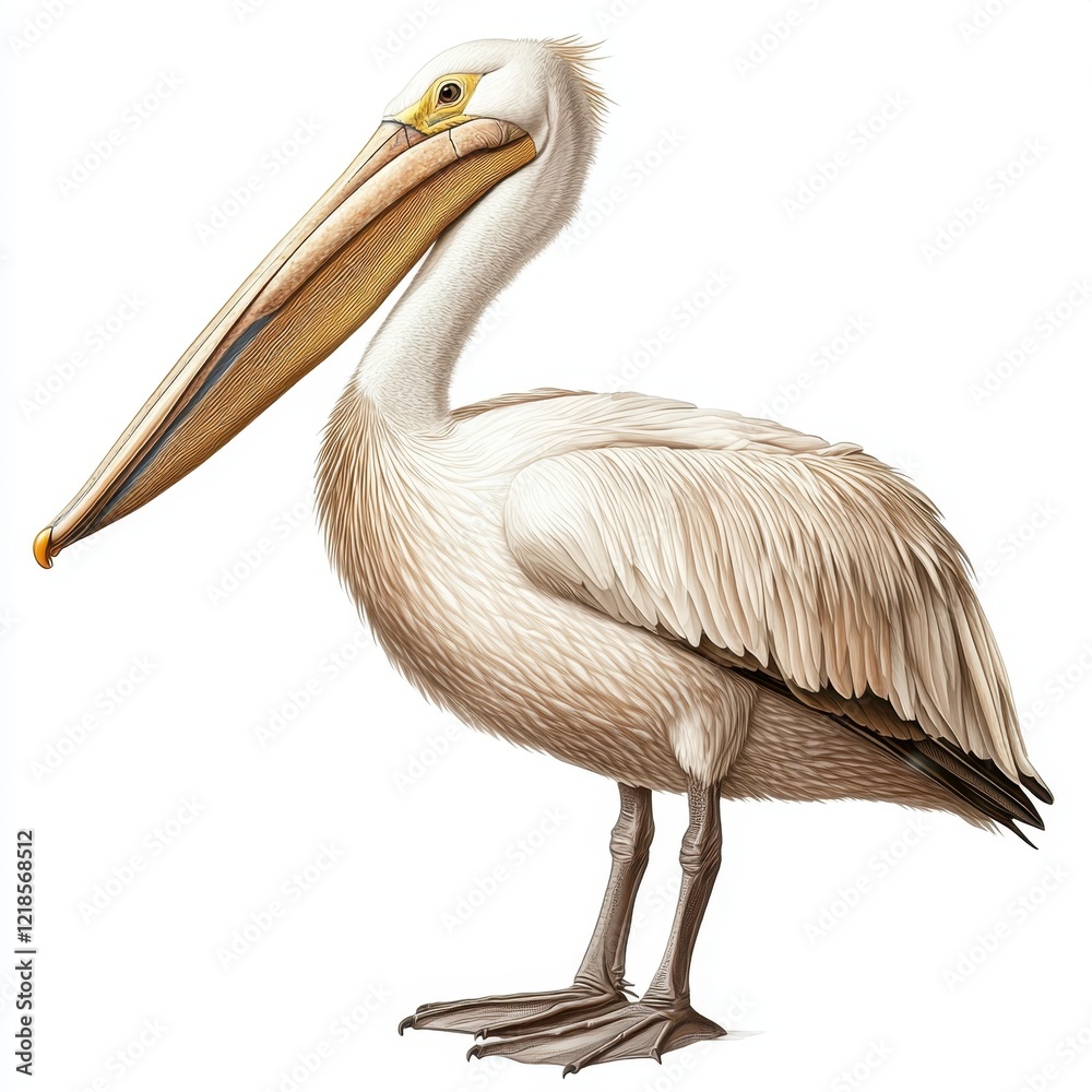 Fototapeta premium A white pelican stands gracefully, showcasing its distinctive long beak and fluffy feathers, embodying elegance in avian form.