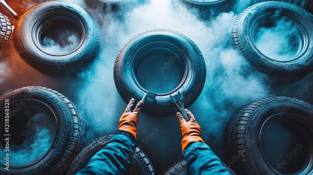 Hands Holding Tire in Workshop with Smoke and Cool Lighting Effects Hands Holding Tire in Workshop with Smoke and Cool Lighting Effects
