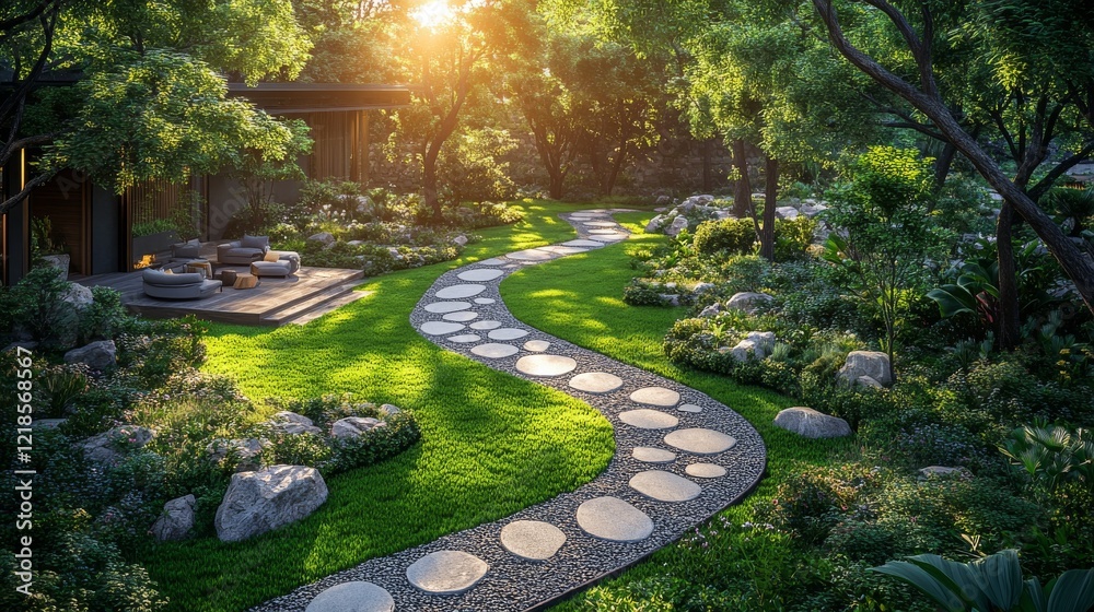 Serene garden path winding through lush greenery towards a sunlit patio. Serene garden path winding through lush greenery towards a sunlit patio.