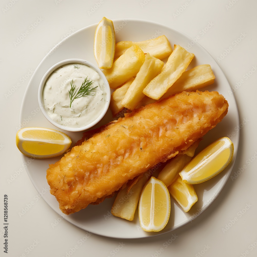 Fish and Chips Plate with Lemon Wedges and Creamy Tartar Sauce on White Background
Fish and Chips Plate with Lemon Wedges and Creamy Tartar Sauce on White Background