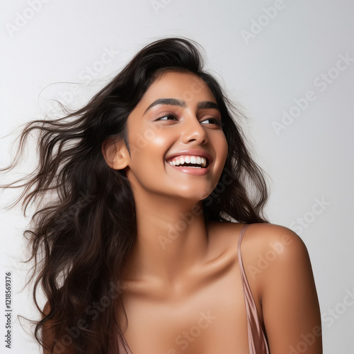 young indian woman smiling on white background