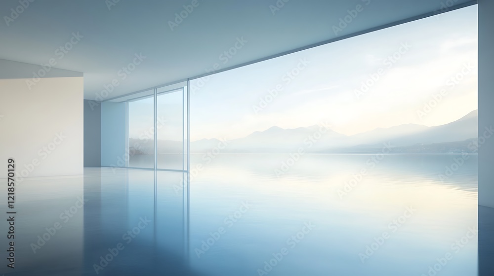 Fototapeta premium Minimalist Room Overlooking Serene Lake And Mountains