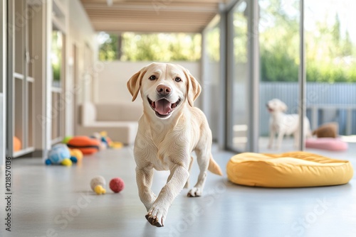 A happy Labrador playing in a spacious, luxurious pet boarding facility with colorful toys, soft beds, and other dogs nearby