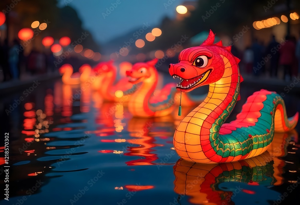 Fototapeta premium Illuminated Dragon Boats: A Festive Nighttime Spectacle