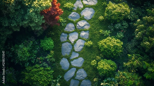 Aerial view of a stone path winding through a lush green garden.