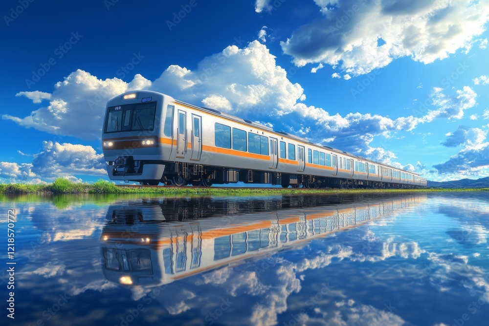 A train on the blue sky, surrounded by white clouds, reflection in water, anime style A train on the blue sky, surrounded by white clouds, reflection in water, anime style
