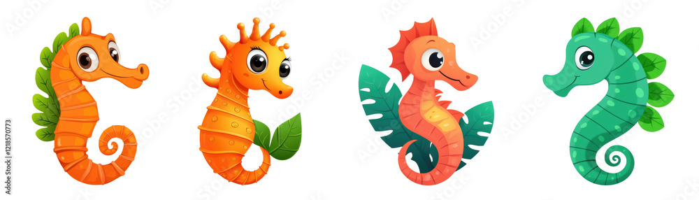 Fototapeta premium Colorful cartoon seahorses with unique designs and vibrant expressions, surrounded by leaves