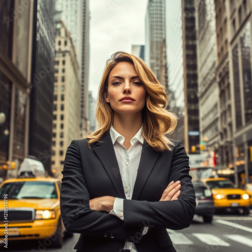 Beautiful, successful but lonely woman in a business suit standing amidst the bustling streets of a busy metropolis.