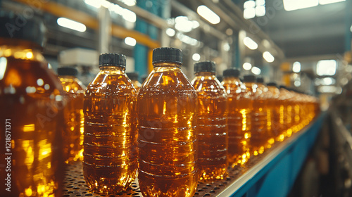 Palm Oil Bottling Line: A modern production line with transparent bottles filled with golden palm oil neatly arranged for packaging photo