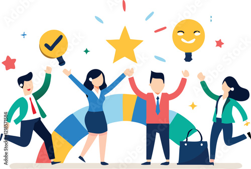 Employee engagement, commitment or motivation to success with company, staff dedication or job satisfaction, productivity or employee recognition