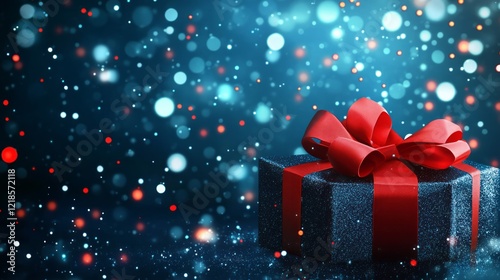 Blıe Background with gift box. A red bow on the box.