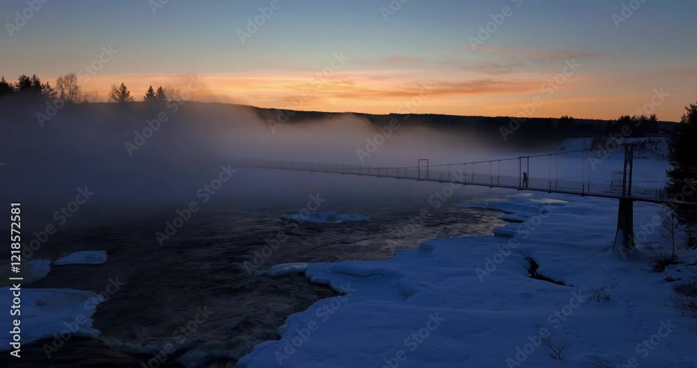 Drone view of man walking on a pedestrian bridge crossing a flowing river in snowy woods at sunrise Drone view of man walking on a pedestrian bridge crossing a flowing river in snowy woods at sunrise