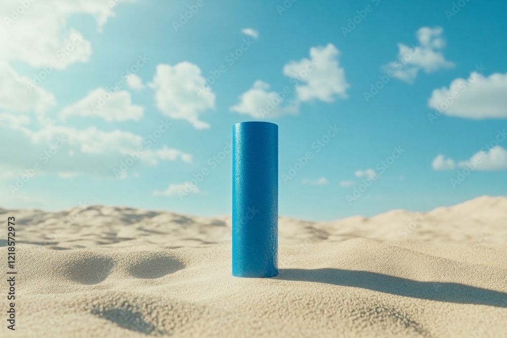 blue tube of sunscreen standing on the sand under the blinding sun and blue sky. advertising blue tube of sunscreen standing on the sand under the blinding sun and blue sky. advertising
