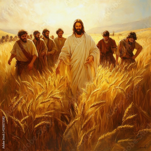 Jesus leads his disciples through golden wheat fields during a serene afternoon. Generative AI