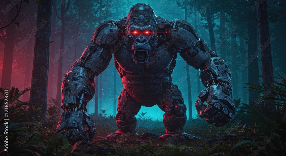 Fototapeta premium Cybernetic Gorilla: A Menacing Dark Fantasy Artwork