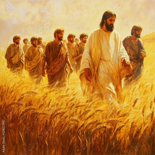 Jesus walks with disciples through golden wheat fields during sunset in a serene pastoral setting. Generative AI