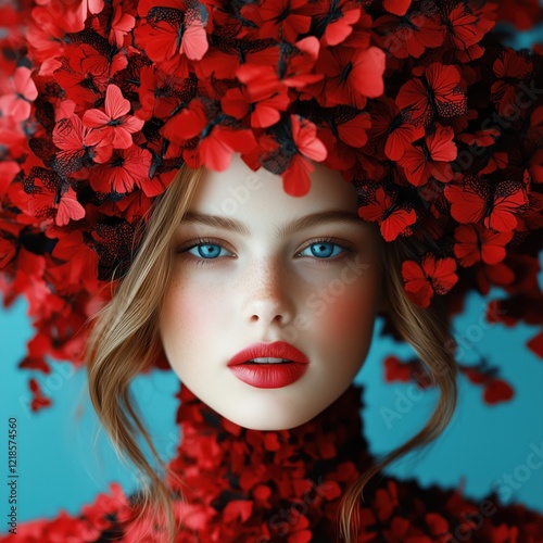 Striking beauty with red flower crown and blue eyes against a vivid background photo