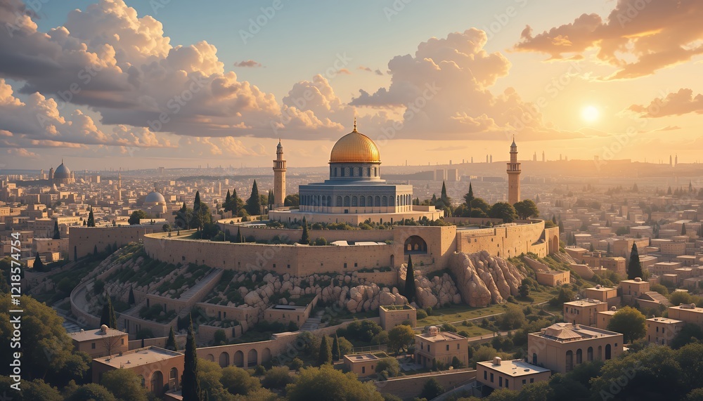 Fototapeta premium A stunning aerial view of the Dome of the Rock at sunset with the city behind it