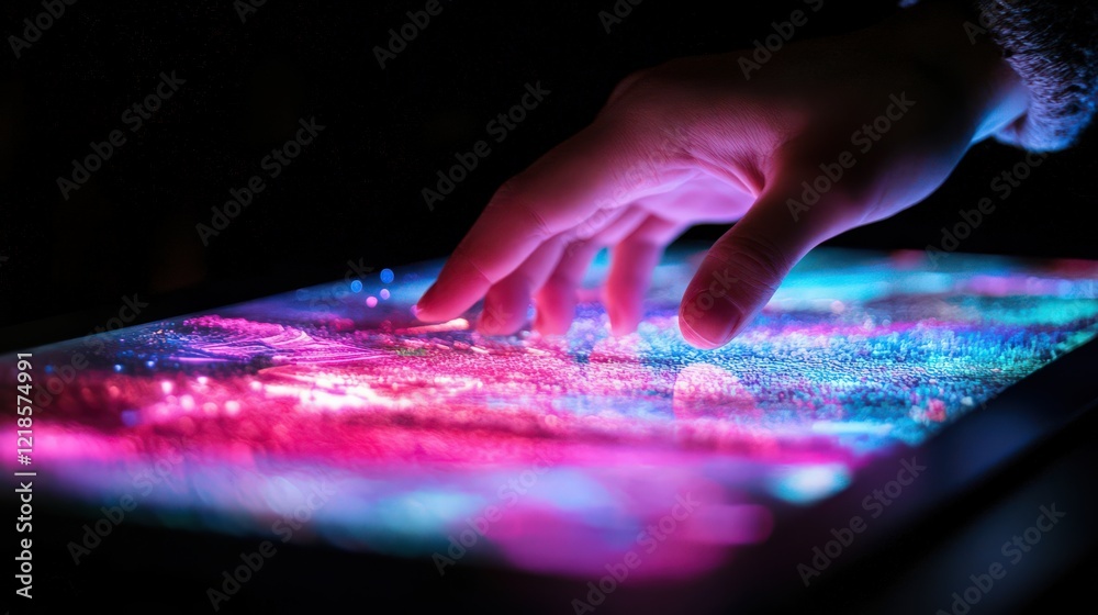 Fototapeta premium A human finger scrolling through an illuminated holographic touchscreen, symbolizing advanced interactivity.