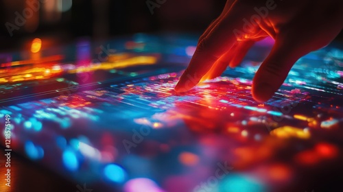 A human finger scrolling through an illuminated holographic touchscreen, symbolizing advanced interactivity.