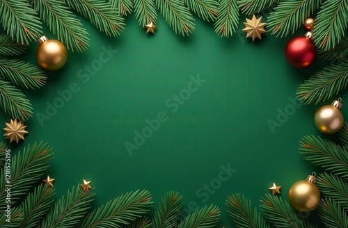 Festive christmas border with pine branches and ornaments on green background