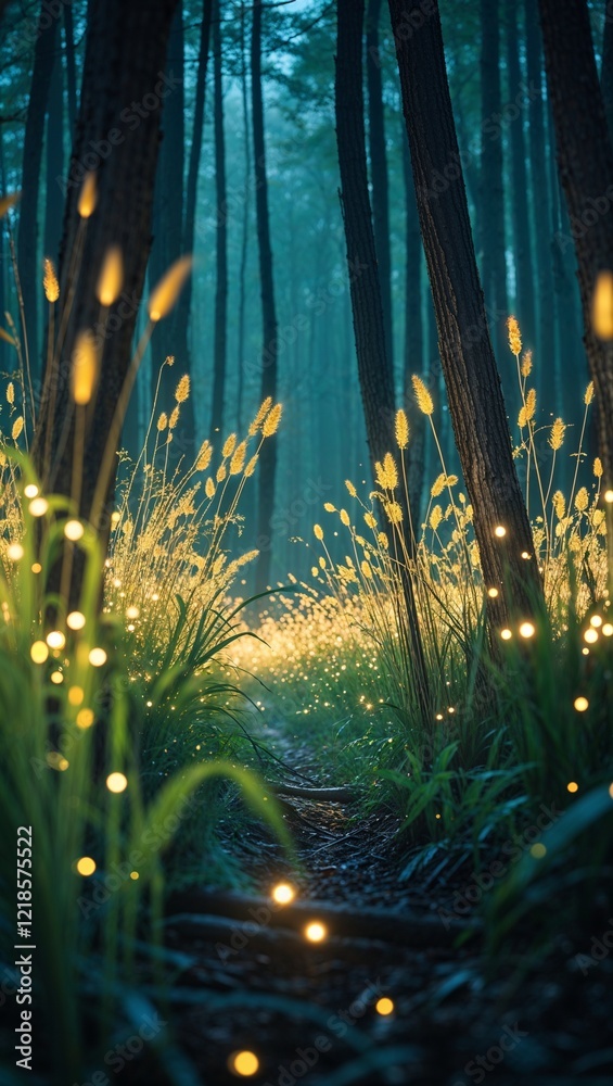 Fototapeta premium Ghiblilike dreamy forest edge with glowing reeds on anime background