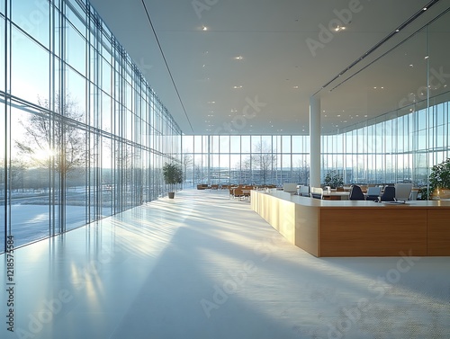 Sunlit modern office lobby with expansive windows.