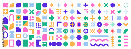 Set of abstract graphic element. Geometric shapes. Memphis design, sticker pack, y2k,  aesthetics, brutalism, retro elements, vintage. Vector illustration with wavy and zig zag elements.
