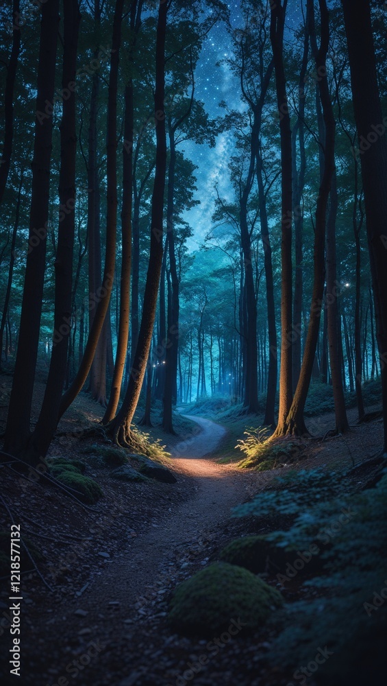 Fototapeta premium Serene magical forest illuminated by starlit canopy dreamy on anime background