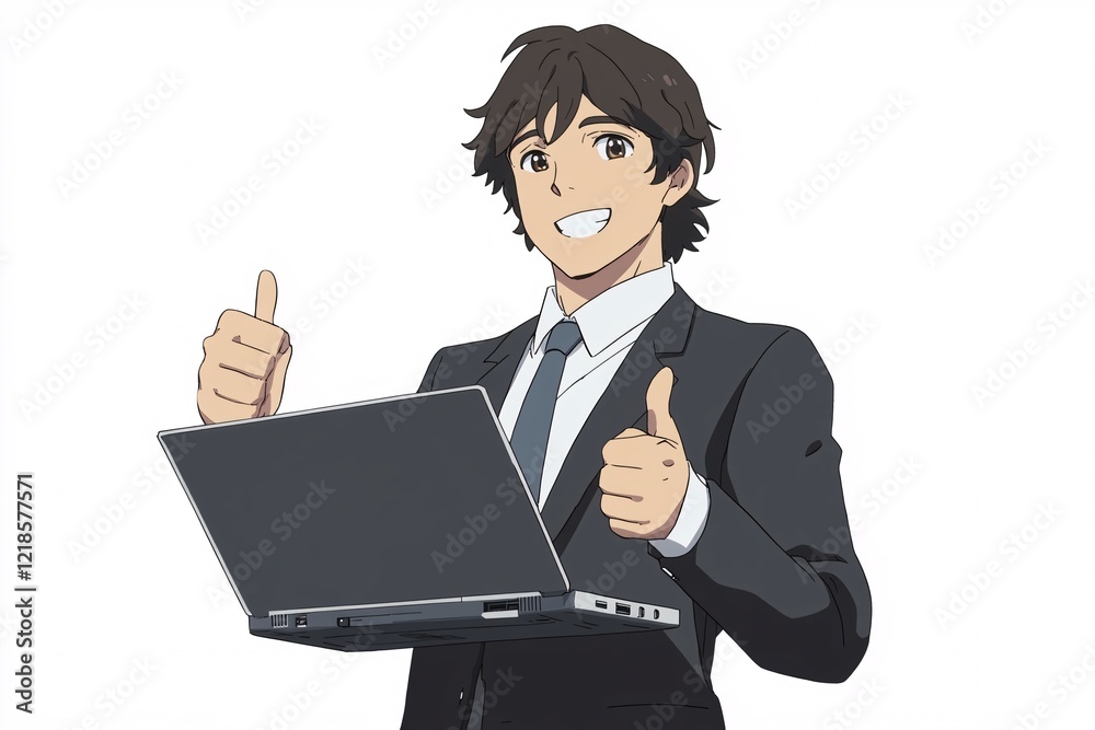 Enthusiastic Businessman in Suit with Laptop Showcasing Success Enthusiastic Businessman in Suit with Laptop Showcasing Success