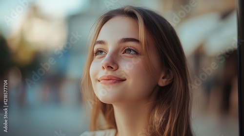 Wallpaper Mural pretty Caucasian woman portrait with relax and happy optimistic  atmosphere at twilight city street  Torontodigital.ca